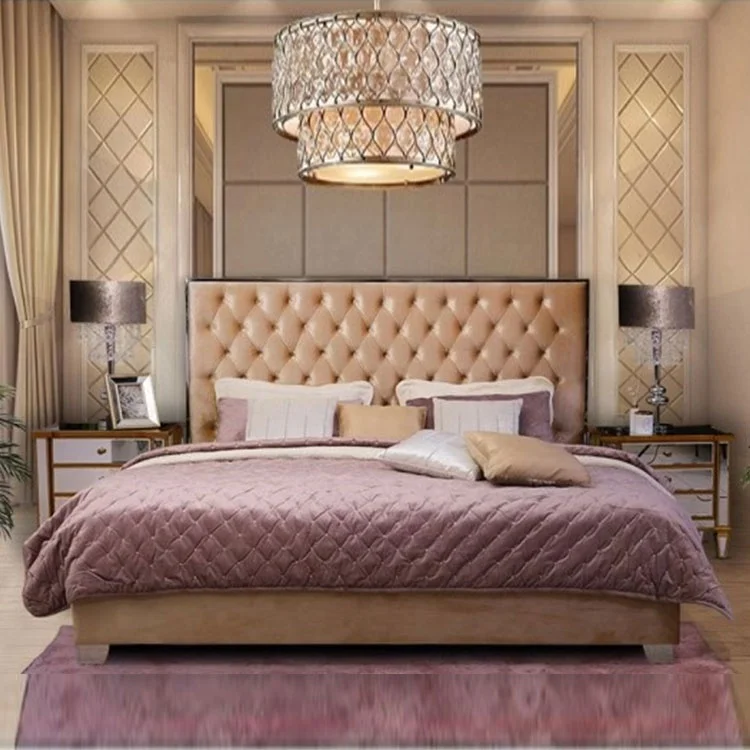 king size hot sale latest modern cheap high bed tufted strip luxury brown leather bed bedroom set