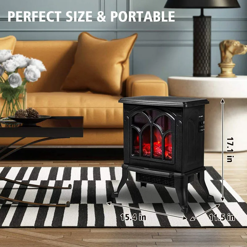 Portable Electric Fireplace Heater Stoves with 3D Realistic Flame Effect, 1500W Freestanding Stove Heater Thermostat