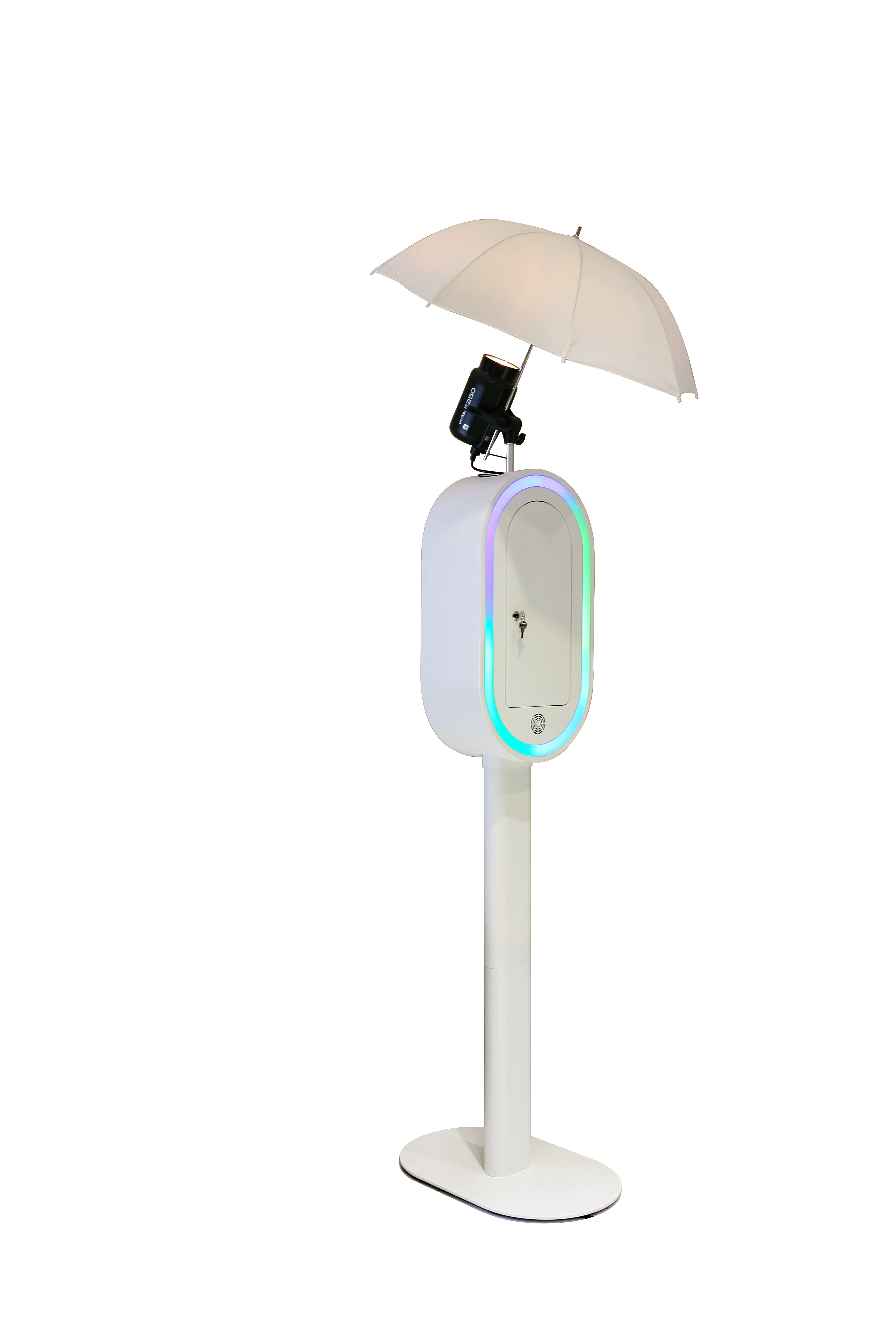 Trending Popular Oval dslr Photo Booth with RGB Ring Light on Both Sides Photo Kiosk Booth with Umbrella flash light