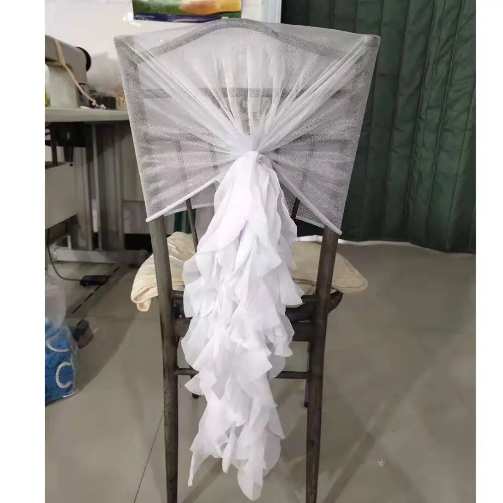 Romantic ruffle blush pink chivari chair cover curly willow chiffon chair sash for wedding