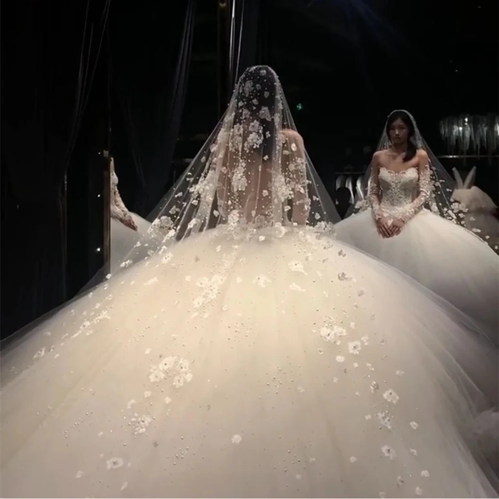 LUOXIN Wedding Veil 3D Flowers Pearls Bridal Veils Chapel Length Elegant beaded Bride Veils