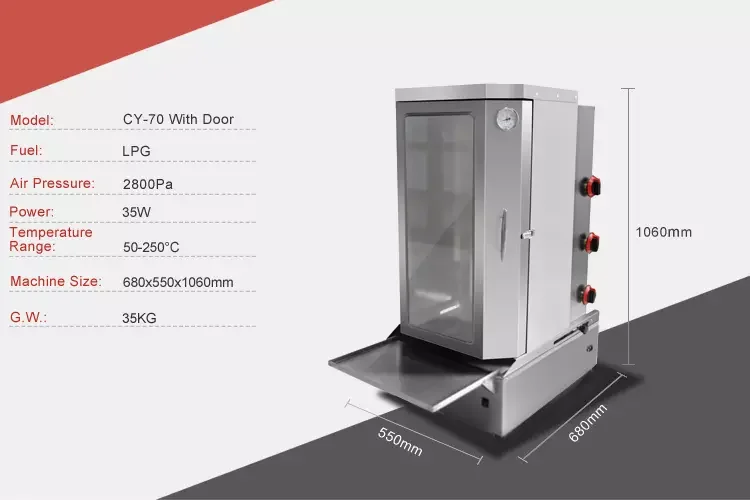 Gas fired shawarma machine 3 burner shawarma chicken rotisserie with door