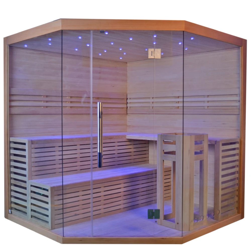 Factory supply traditional steam sauna rooms 4-6 person hemlock wood indoor steam sauna for sale