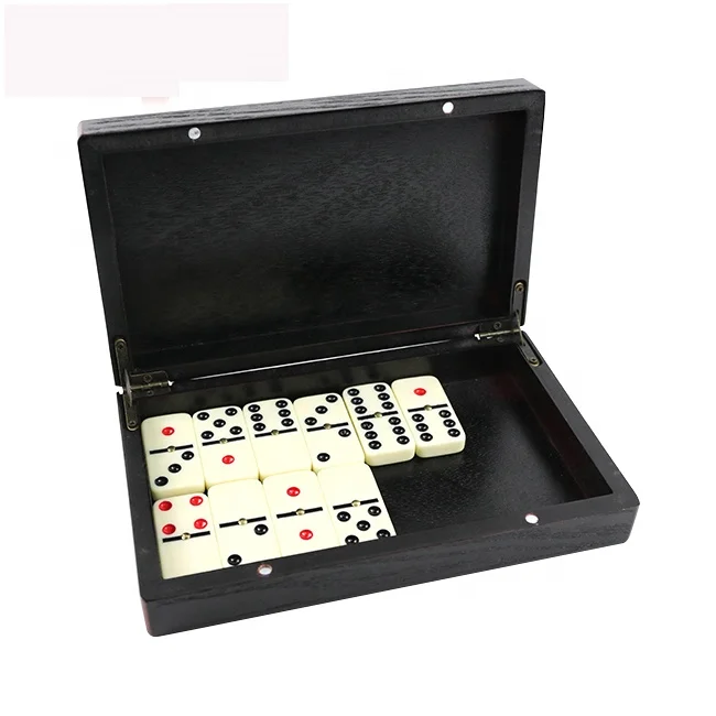 Factory directly of customized logo domino in black wood box with printed red color for game playing domino professional
