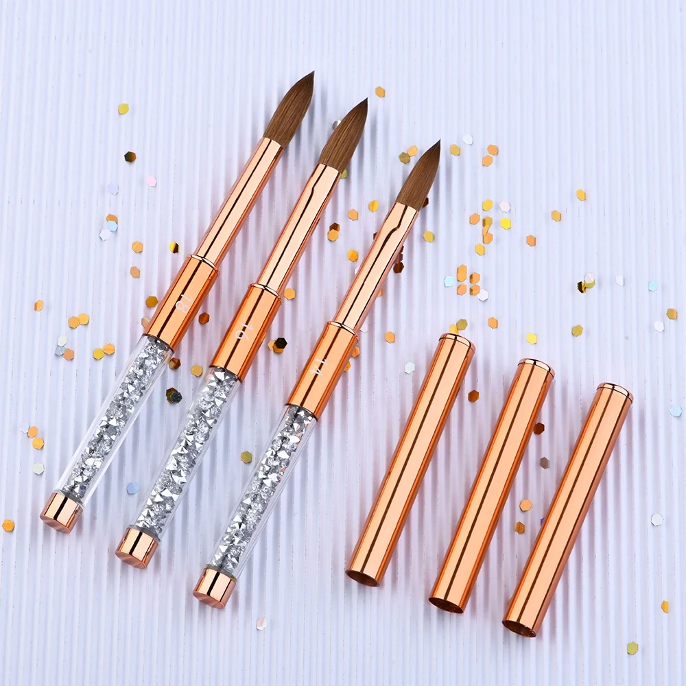 Rose Gold Diamond Handle Kolinsky Acrylic Nail Brush Crimped Size 14 16 18 Nail Powder Brush for Nail Art Manicure Brush Tool