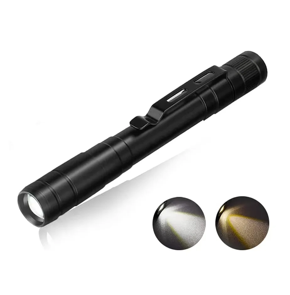 Hot Selling White and Yellow LED Pen Light Pocket Clip Aluminum Alloy Nursing Torch Lamp Dry Battery Powered for Medical Use