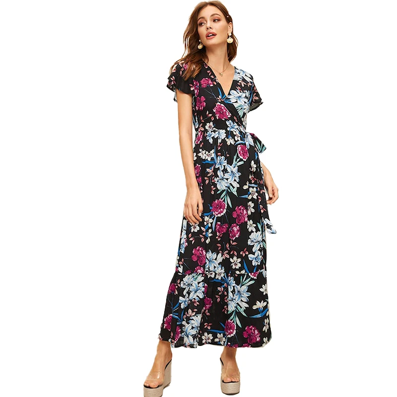 
OEM V-Neck Elastic Waist Belt Decorated Summer Fashion Casual Floral Dress Women floral print midi dress 