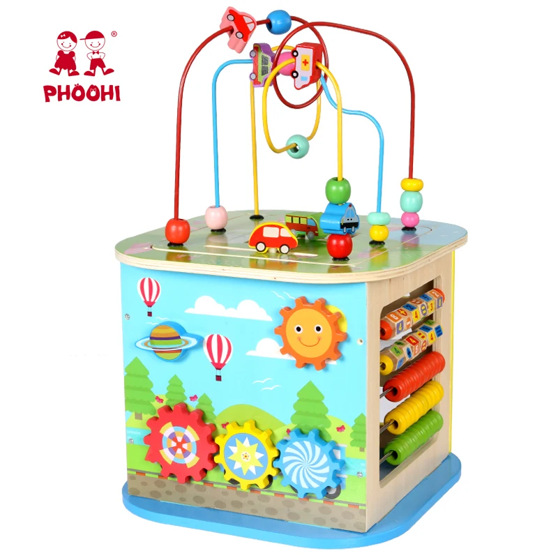 Baby Wire Bead Maze Play Educational Learning Wooden Kids Large Activity Cube Toy