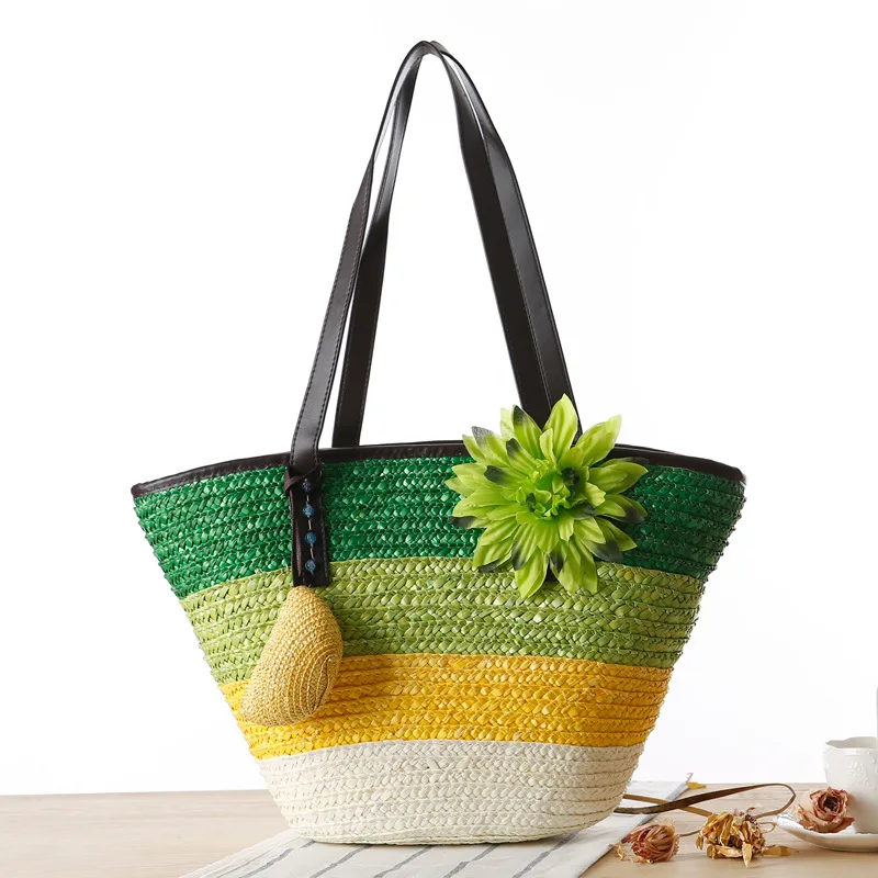 PU Handle Summer Travel Ombre Wide Colorful Stripes Flower Decoration 2Pcs Set Wheat Straw Basket Tote Beach Bag with Coin Purse