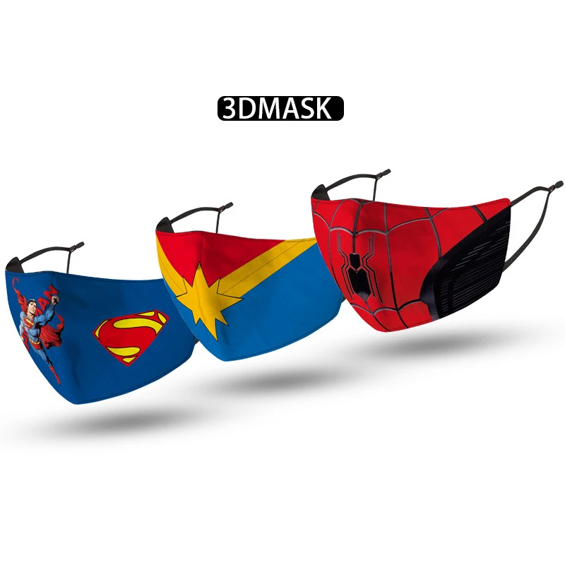 
Custom cartoon design ice silk 2 layers 3d printed super spider man children kids party facemask with filter pocket 