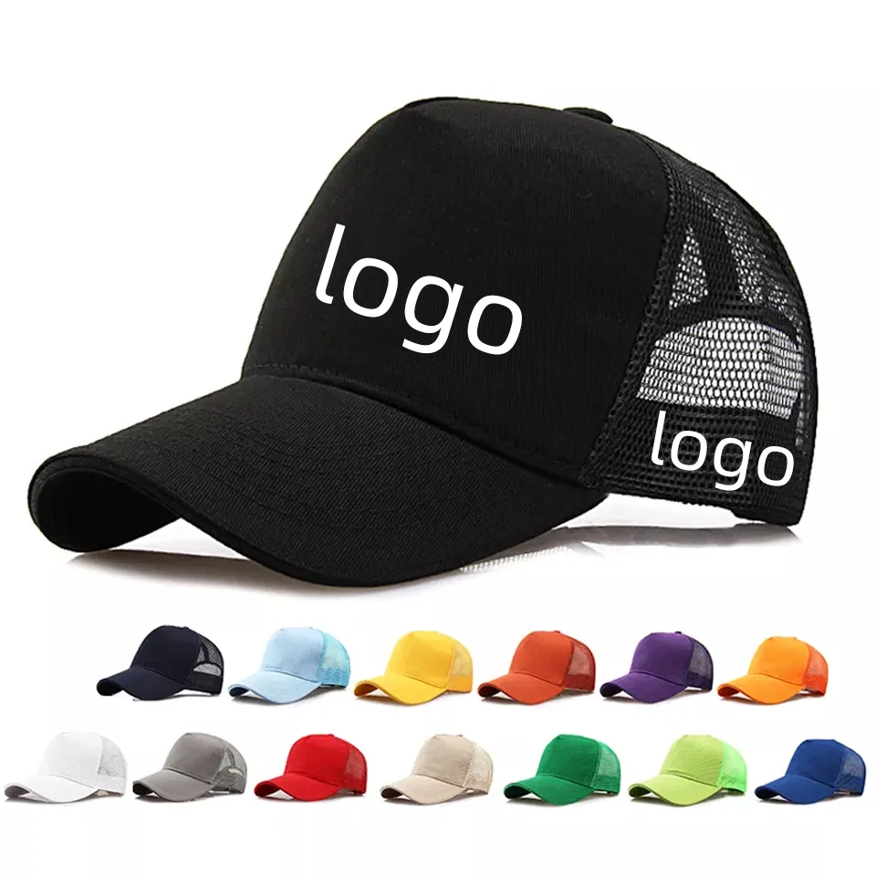 Оптовая продажа, регулируемая хлопковая кепка унисекс на заказ, 5 панелей, однотонная сетчатая Кепка-тракер, шапки с пользовательским вышитым логотипом для мужчин