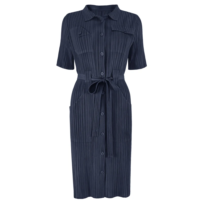 2021 Miyake European and American ladies high-end elegant fashion temperament plain short sleeve shirt large skirt wholesale