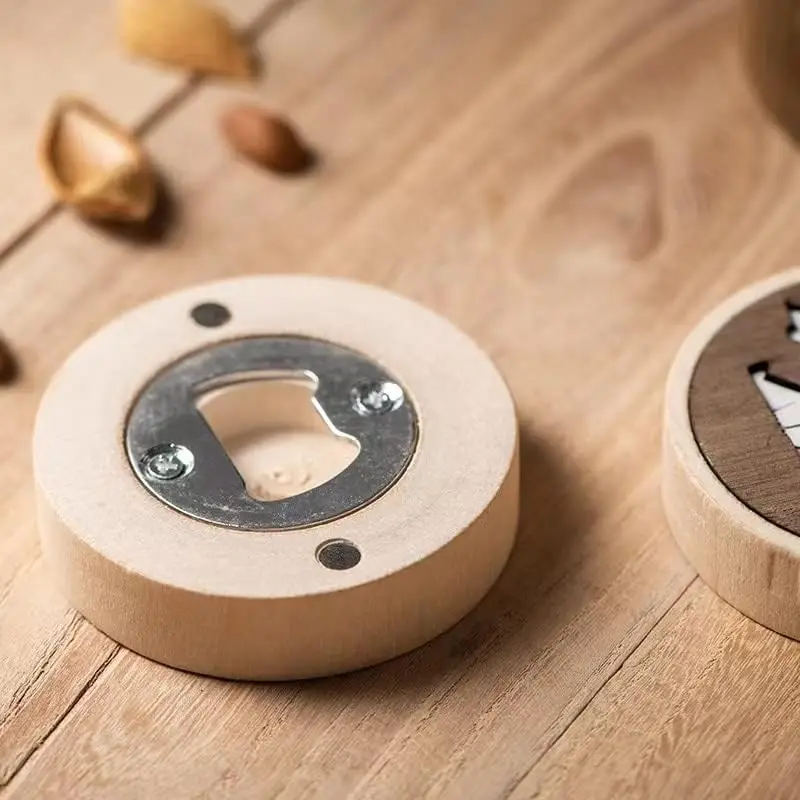 Beer Bottle Opener, Funny Wooden Magnetic Fridge Magnet,Round Wooden Bottle Openers Engraved Patterns For Home Kitchens Bars