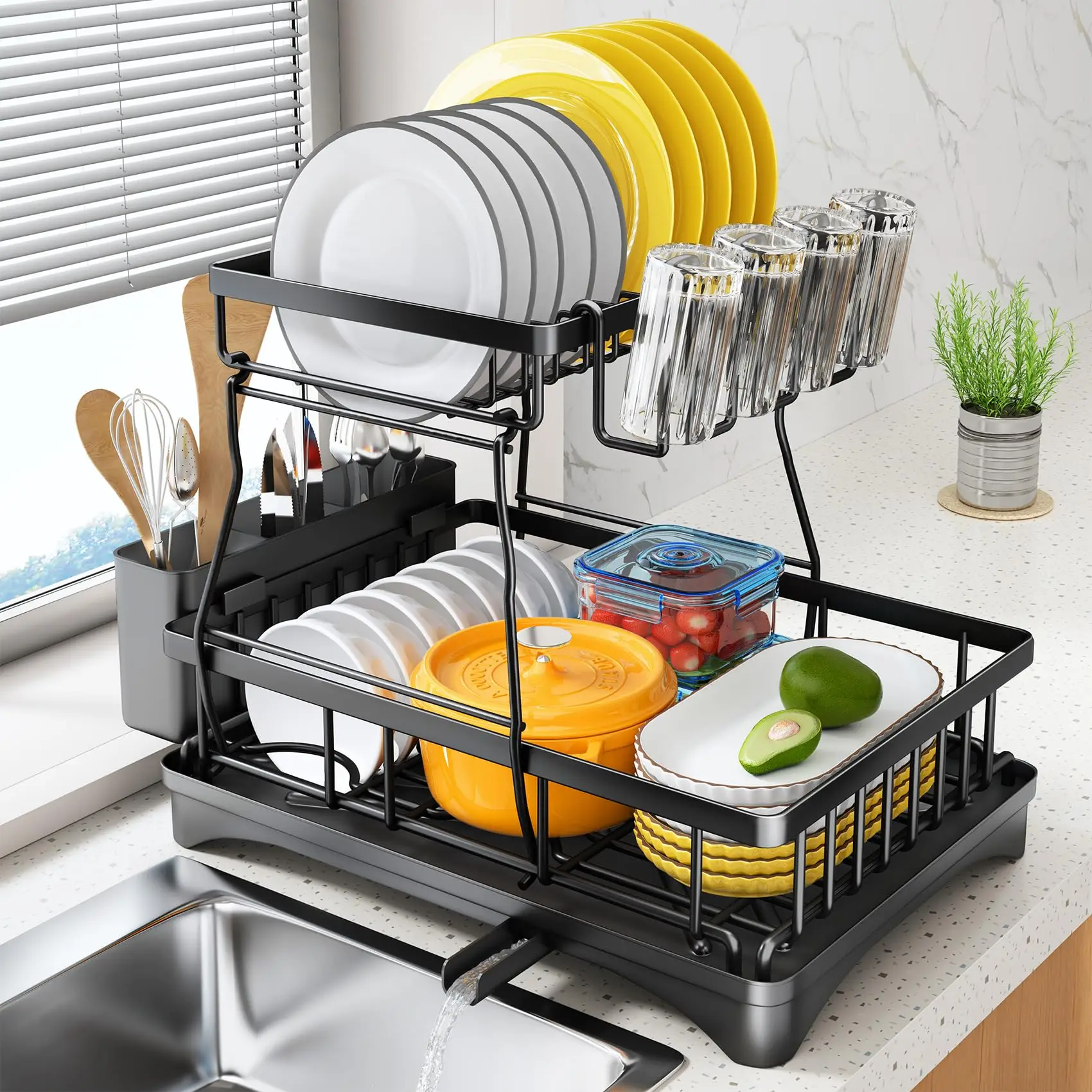 2 Tier Draining Dryer Dish Drainer Rack Dish Drying Rack For Kitchen Organization Dish Plate Storage Holder
