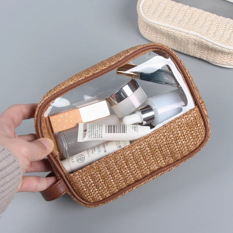 PVC Transparent Window Straw Material Frame Luxury Nail Polish Bottle Cosmetic Bag Pouch Brush Pen Make Up Pouch Wash Pad Pack