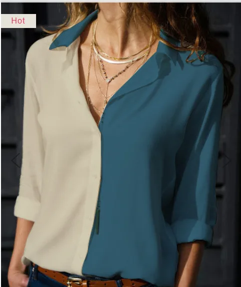 
Plus Size Contrasting Color v-Neck Ladies Shirt Tops Casual Blusas De Moda Womens Blouses 