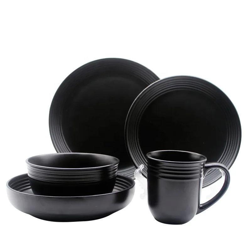 Eco friendly nordic tableware dinner plate 4 user home black embossed ceramic dinnerware set