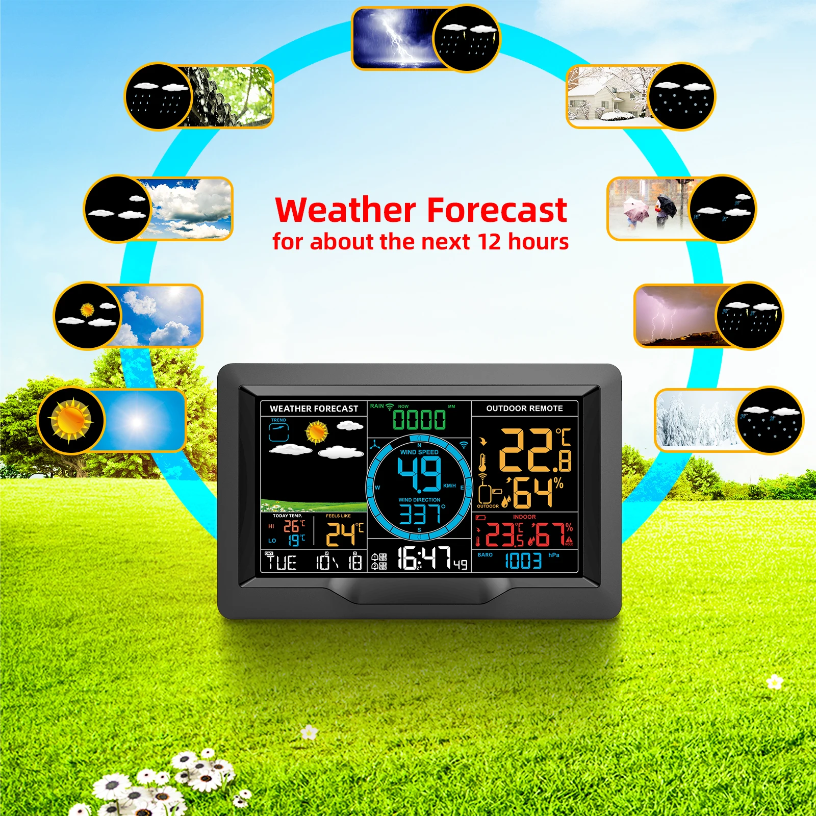 PT3390A indoor outdoor  wireless Weather Forecast Sensor Colorful LCD professional wind speed & direction Weather station