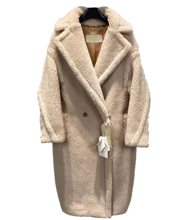 Winter Vanilla color Fur Coat Women Warm Teddy Coat alpaca Wool Coat Soft Fur Jacket Female Overcoat