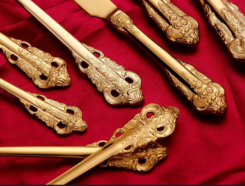 18/10 stainless steel cutlery set golden luxury elegant flatware spoons forks and knives for events