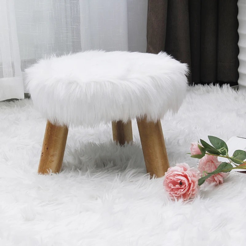 Modern laynsino Faux Fur Fabric round ottoman living room solid wood stool