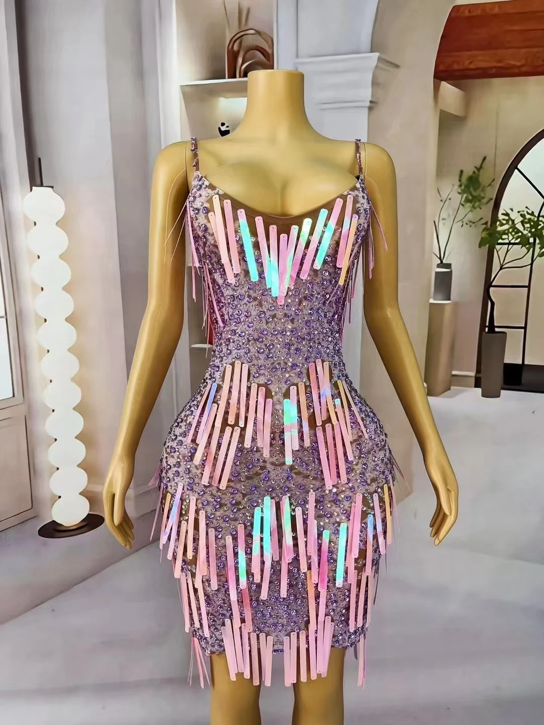 Sparkly Rhinestones Tassel Leotard Adults Fashion Stage Costume Elastic Skinny Sleeveless Fringes Birthday Party Dress Dance