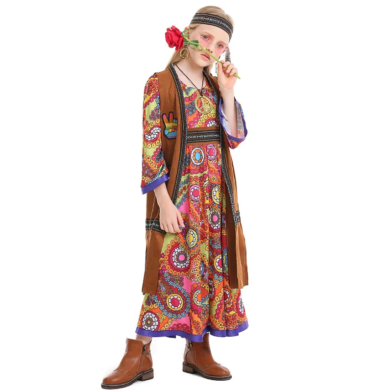Children Girls Retro 70s Hippie Disco Singer Dancer Primitive Tribe Floral Dress Vest Set Halloween Cosplay Costumes Outfit