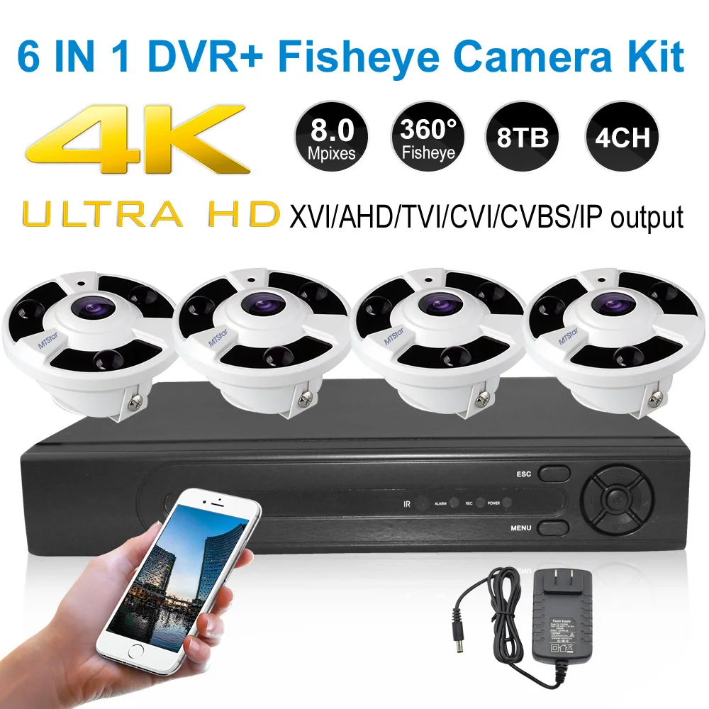 4CH 4k камера для домашней безопасности системы 4x проводной 8MP Fisheyes 360 градусов AHD камеры 4 канальный цифровой видеогеристратор обособленный Система контроля доступа поддержка 8