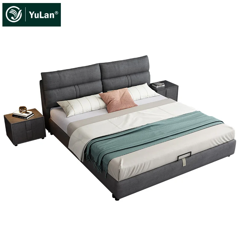 Confortable King queen double size simple modern leather solid wood storage divan bed