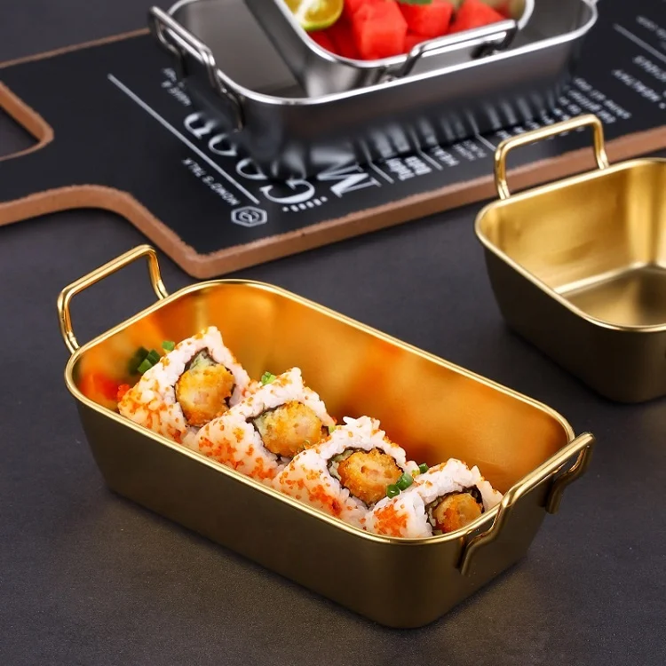OEM/ODM Durable Restaurant Snack Dishes Silver Gold Stainless Steel Outdoor Square Serving Plate Bowl Dishes