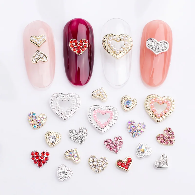 Valentines Day Luxury Wholesale Pink Red Heart Love Nail Jewelry, Heart Rhinestones Pearls Charms for Manicures Decoration