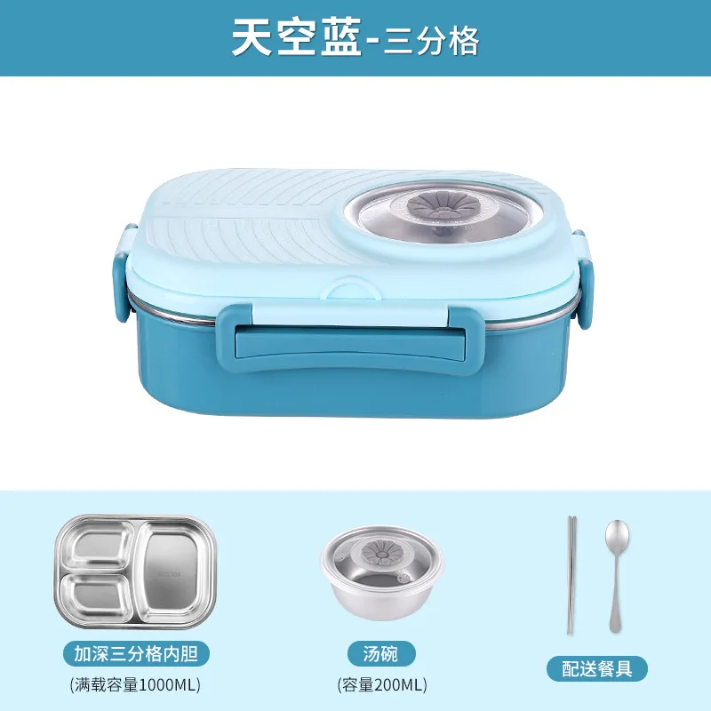 3 Compartments Bento Lunch box with Soup Bowl Steel Camera Lunch Containers Leak Proof Bento Box for Kids Adults with Cutlery