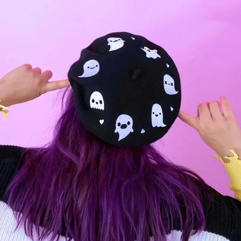Fall/Winter 2024 New Style Female Beret Ghost Dress up Halloween Pumpkin Beret Female Embroidered Bat Beret