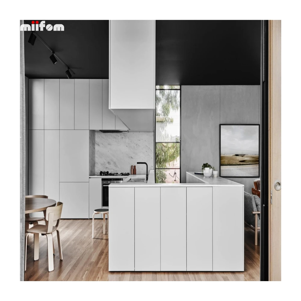 Pure White Minimalist Clean Line Custom Kitchen Cabinets for Villa