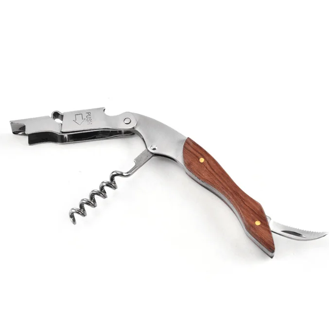 Stainless Steel Wooden Handle Bottle Opener Wine And Beer Bottle Opener Multi-function Three-in-one Knife Can Opener