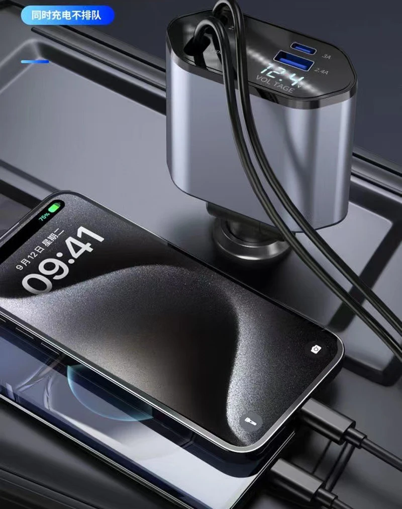 New 4in1 Multifunctional  100w 4 in 1 digital display fast charging charger retractable cable car charger with 2 charging cables