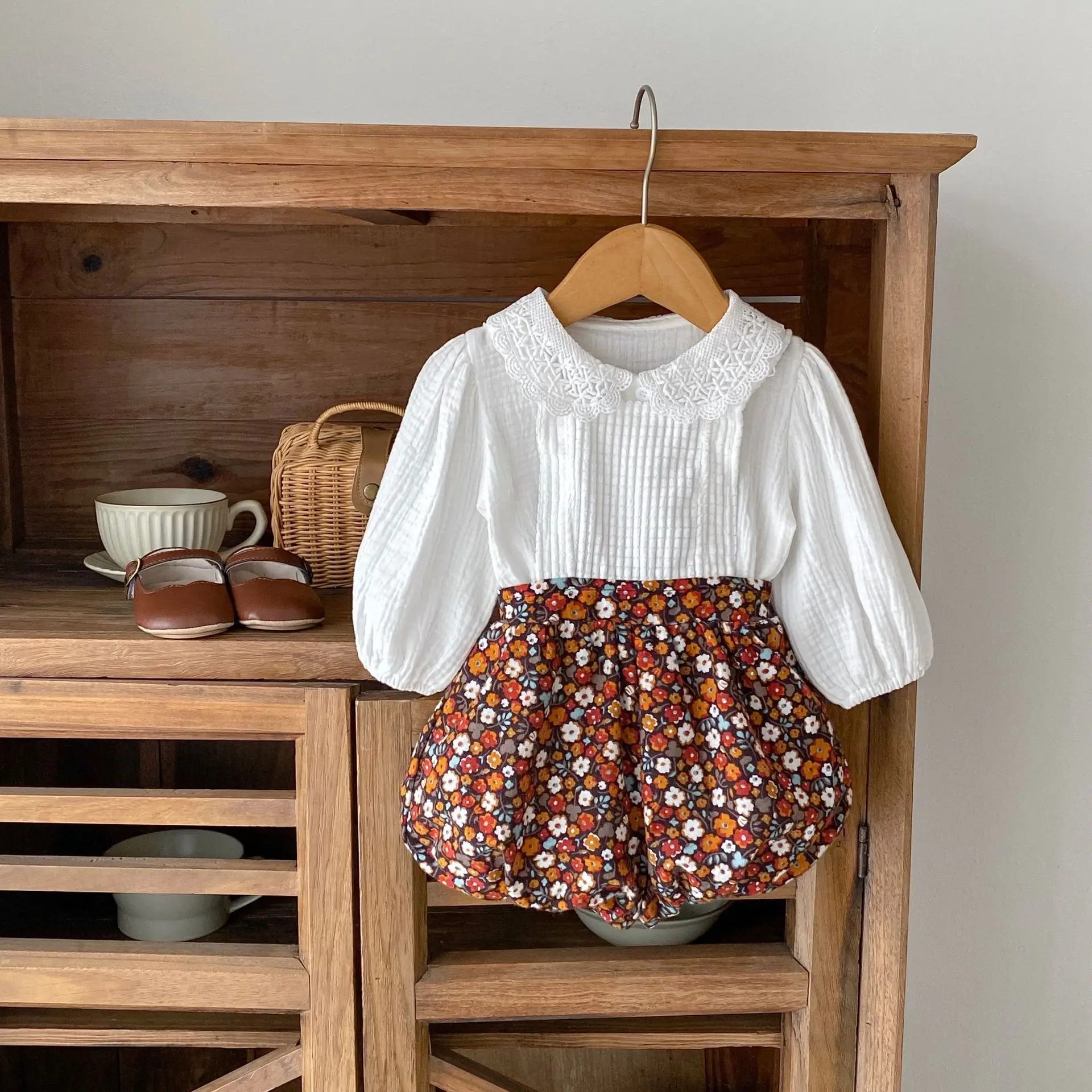 Spring Autumn Fall Newborn Cotton Shirt Lace Collar Top Infant Floral Pants Baby Girl Clothing Set