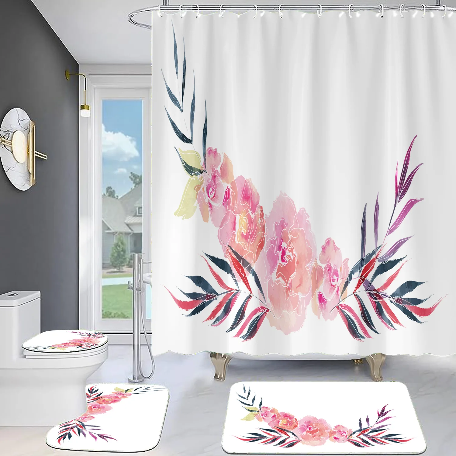 Glamorous Bathroom Set 4 pcs with Floral  Fabric bathroom Shower Curtain and Rugs and Accessories