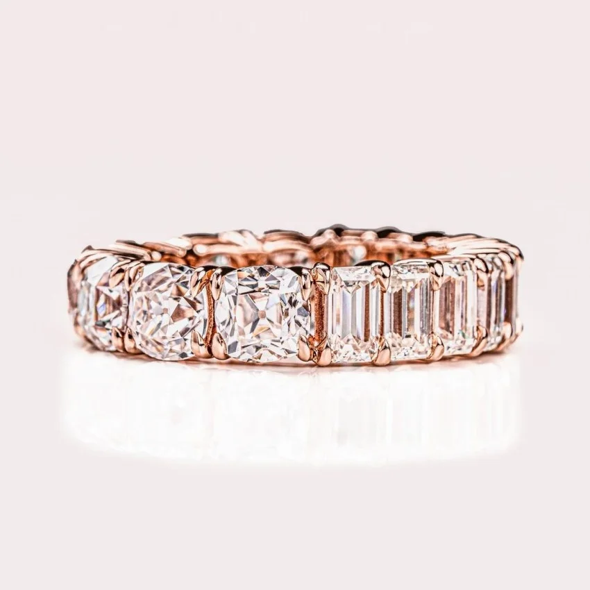 14K Solid Rose Gold Moissanite Wedding Band Ring Emerald Cut Round Cut Moissanite Eternity Ring For Women