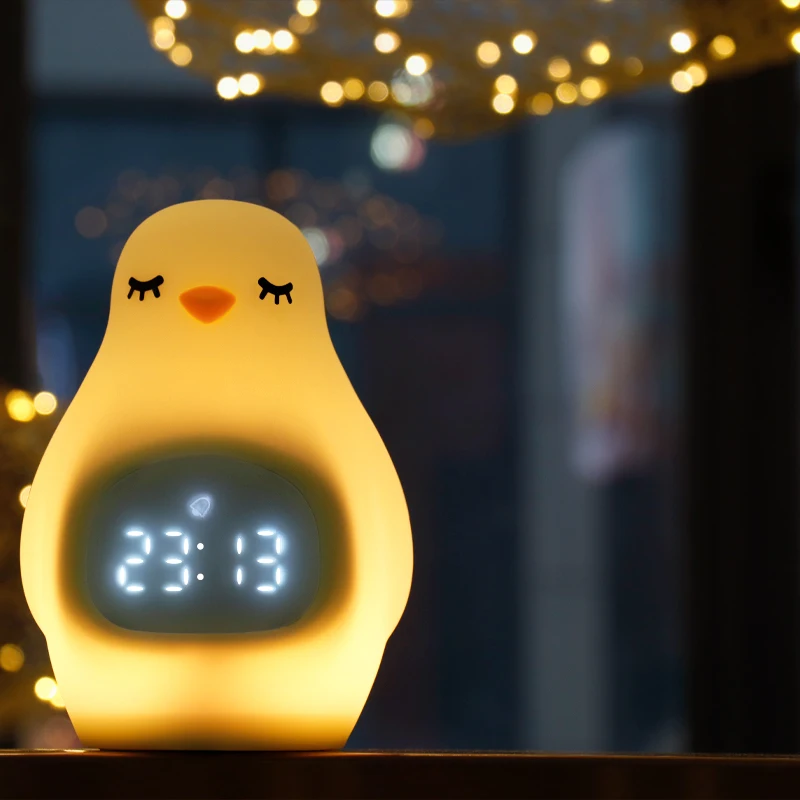 Cute Cartoon Animal Baby Children Gift Sleep Trainer Digital Alarm Clock LED Silicone Penguin NightLight for Birthday Gift