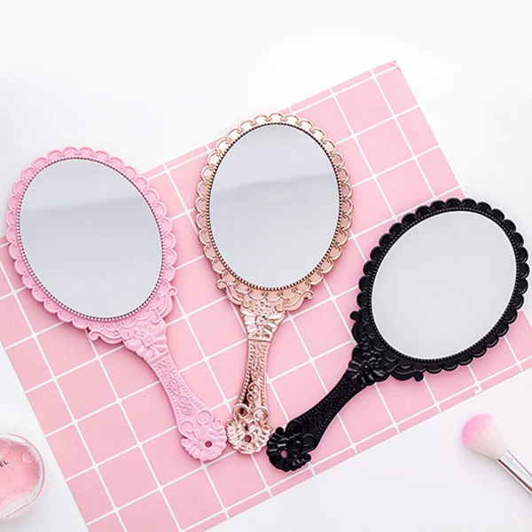 Pink Black handle makeup mirror cute Vintage Handheld Mirror plastic cosmetic mirror