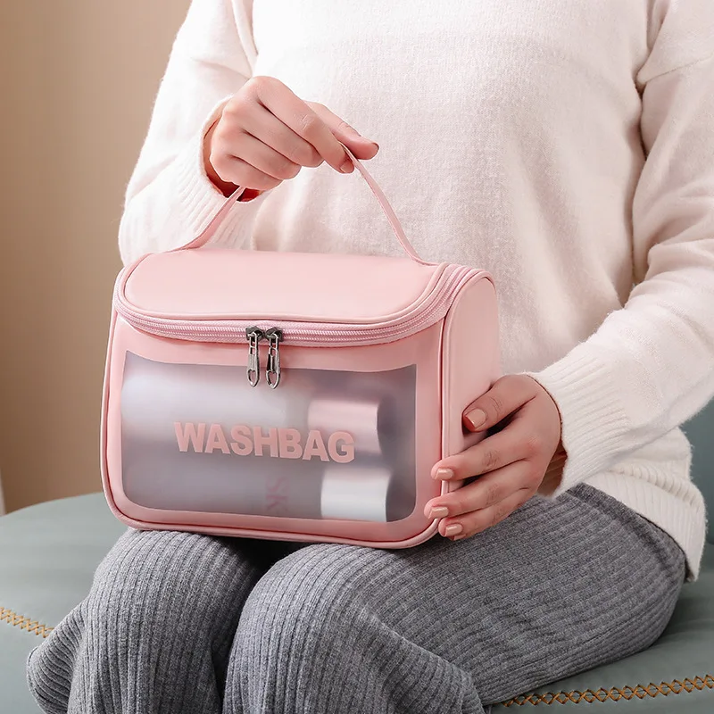 2022 Wholesale Clear Custom Women Pink  PU Leather Waterproof Large Capacity Pvc Toiletry Bag Travel Cosmetic Bag With Logo