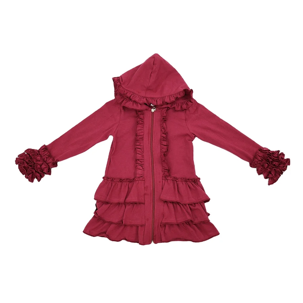 Qingli OEM  Hot selling children solid color jacket fashion kids girls boutique ruffle custom hoodie printing kids coats