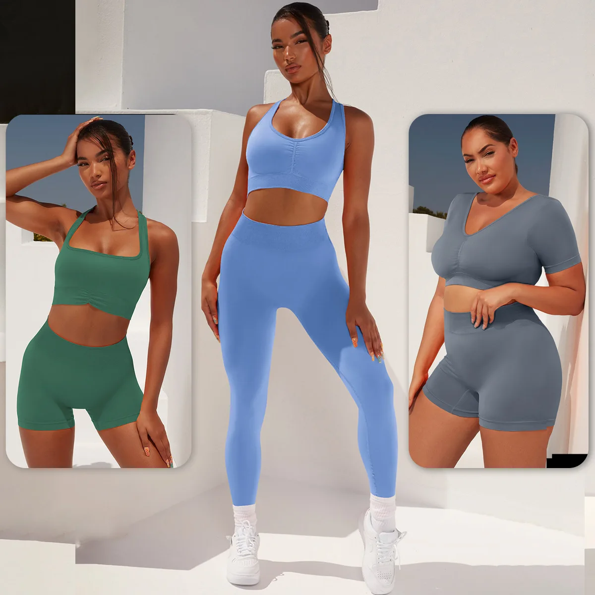 Grey Scrunch Pantsuit 2 Pieces Sports Gym Suit High Waist Seamless Fitness Wear Womens Crop Tops Butt Biker Short Set