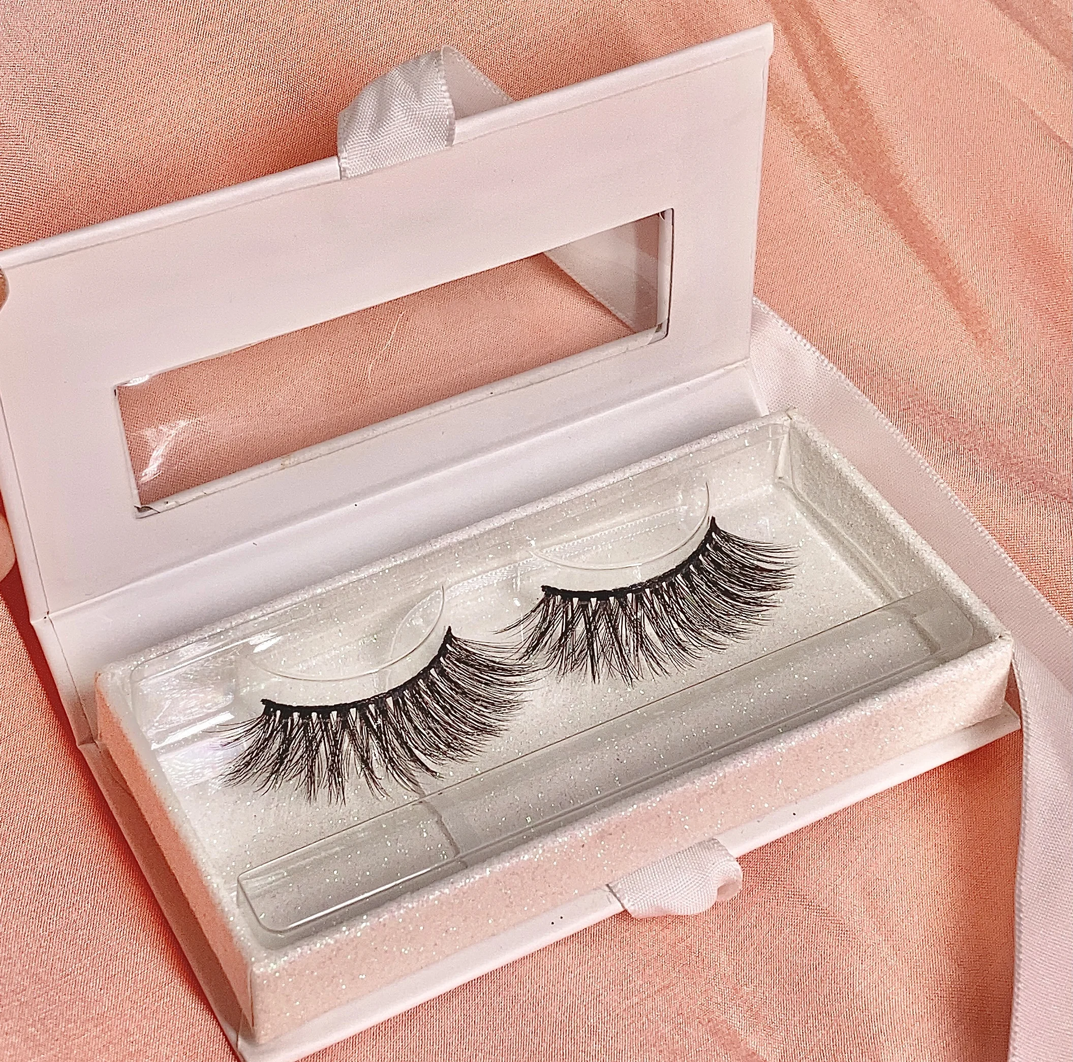 Custom Logo Private Label Rectangular Paper Sliding Drawer Pink Holographic False Eyelash Box Packaging Eye Lashes  Box