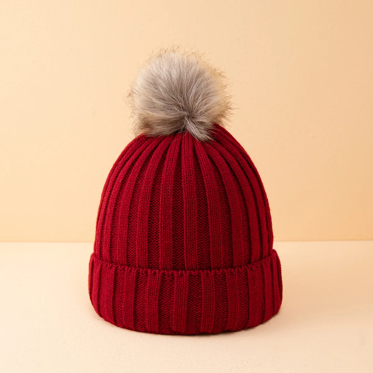HZM-60970 Womens Winter Knitted Beanie Hat with Faux Fur Pom Beanie Warm Knit Skull Cap Beanie for Women
