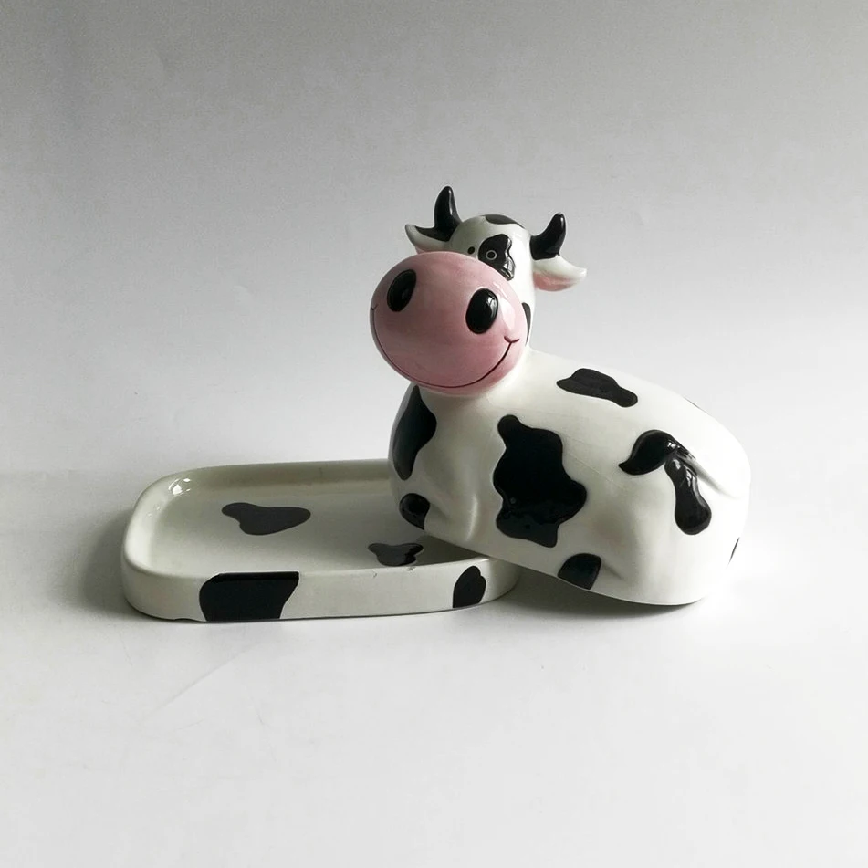 New idea products ceramic cute cow butter dish animal butter dish with cow cover