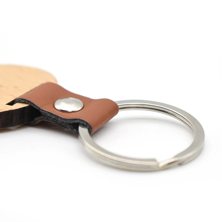 Custom Logo Blank Wooden Keychain Handmade Round Shape Keyring With Split Key Ring Leather
