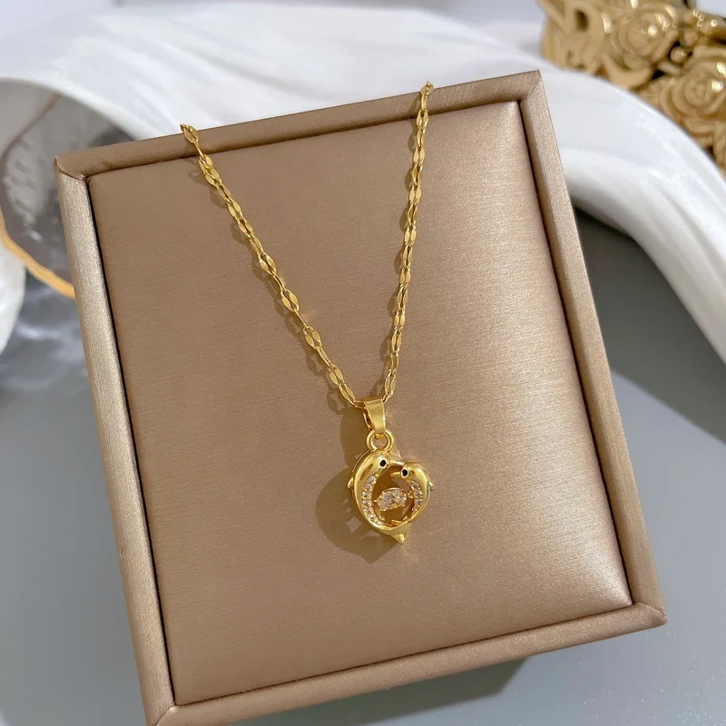Simple dolphin animal pendant necklace with real gold plated stainless steel and diamond sparkly necklace for women