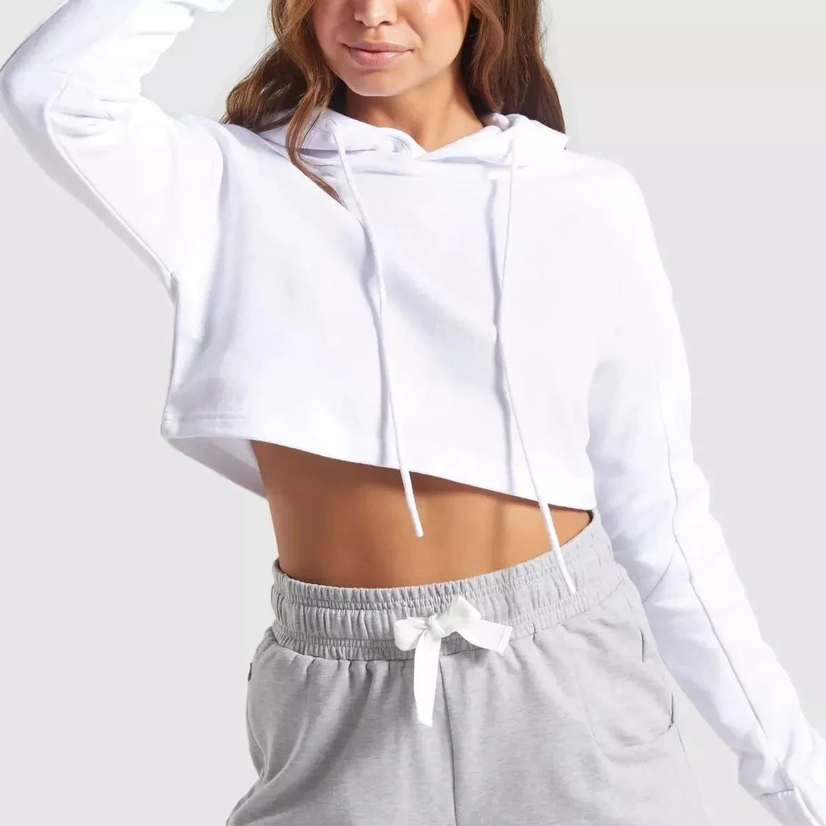 
Rummandy Crop Top Women Hoodies 2021 New Arrival Spandex Women Sexy Breathable Crop Top Short Sweatshirt Pullover Hooded Knitted 